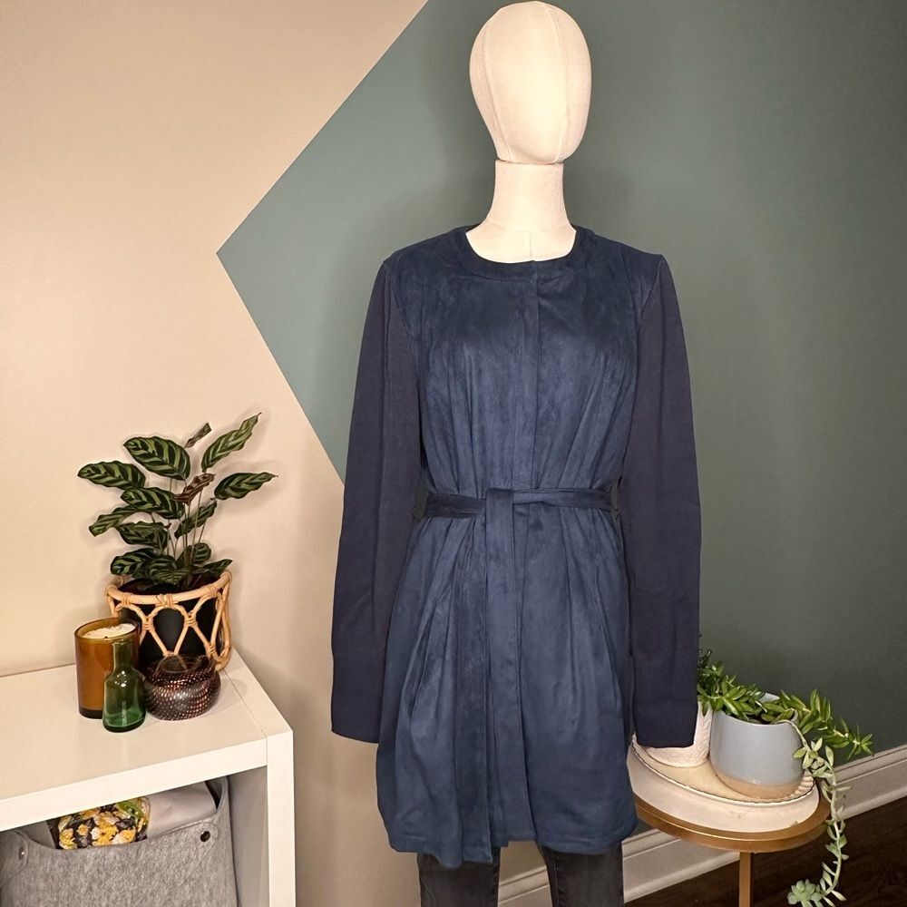 H by Halston Navy Blue Faux Suede Belted Jacket with Knit Sleeves, Size 12